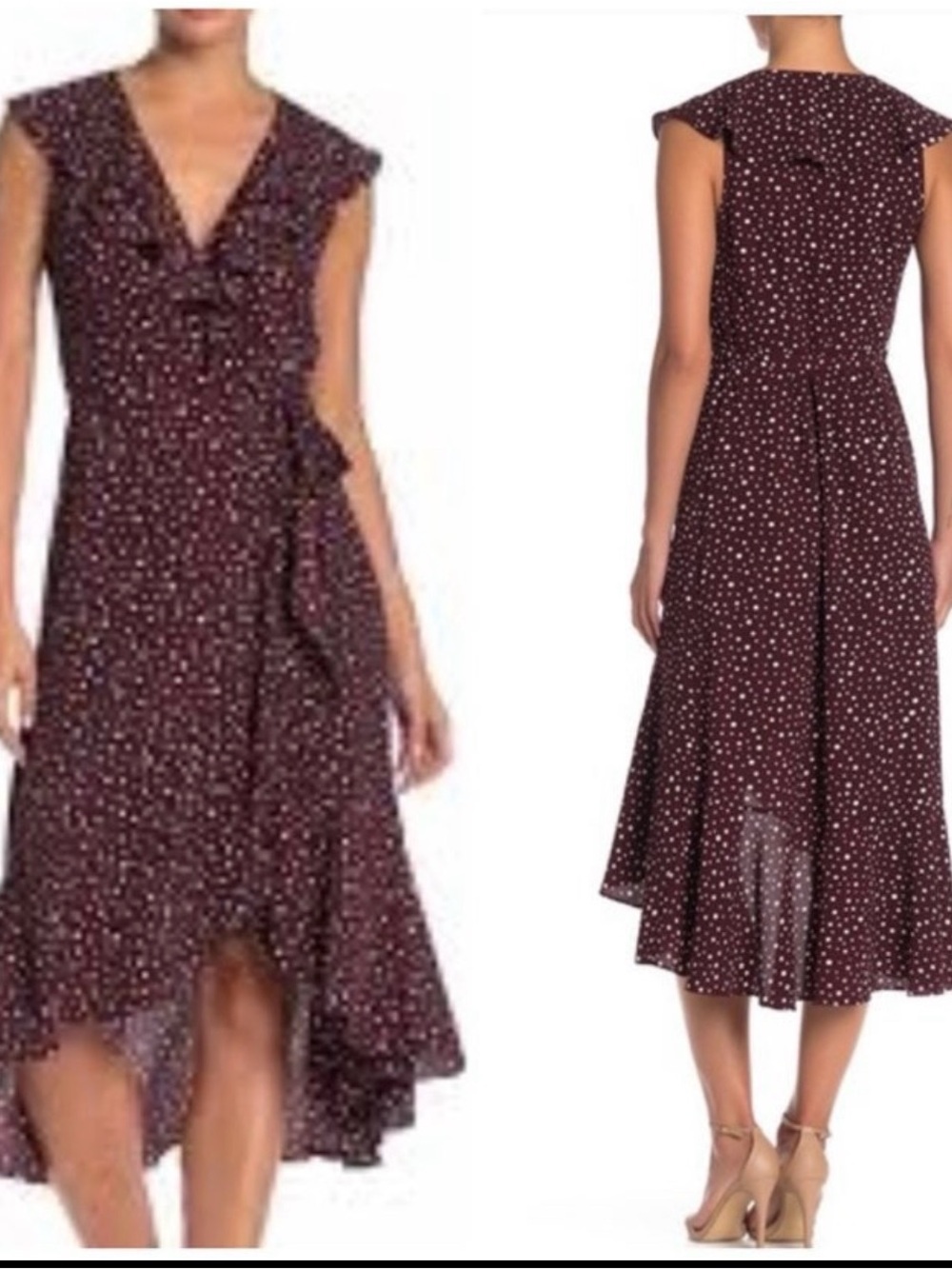 Polka Dot Ruffle Wrap Midi Dress - Burgundy